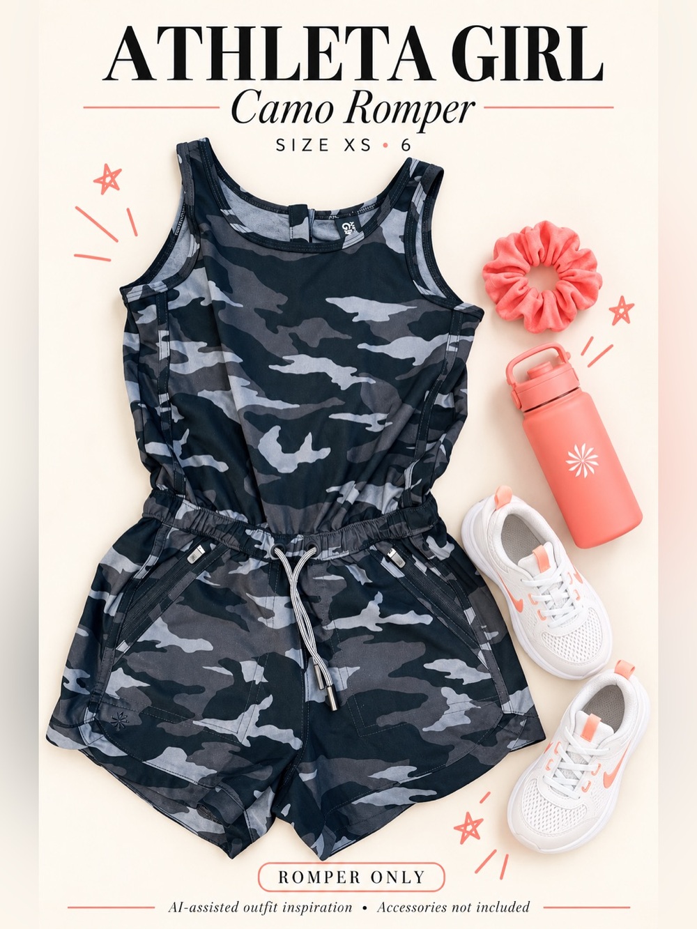 Athleta Girl Camo Romper XS 6 Drawstring Waist Zipper Pockets Black Gray